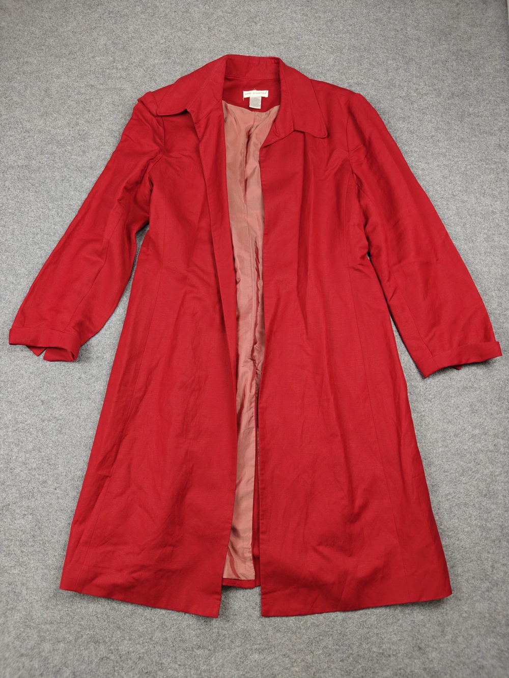 Vintage Annie Alexander Coat Womens 14 Red Linen Long Lined Collared Open